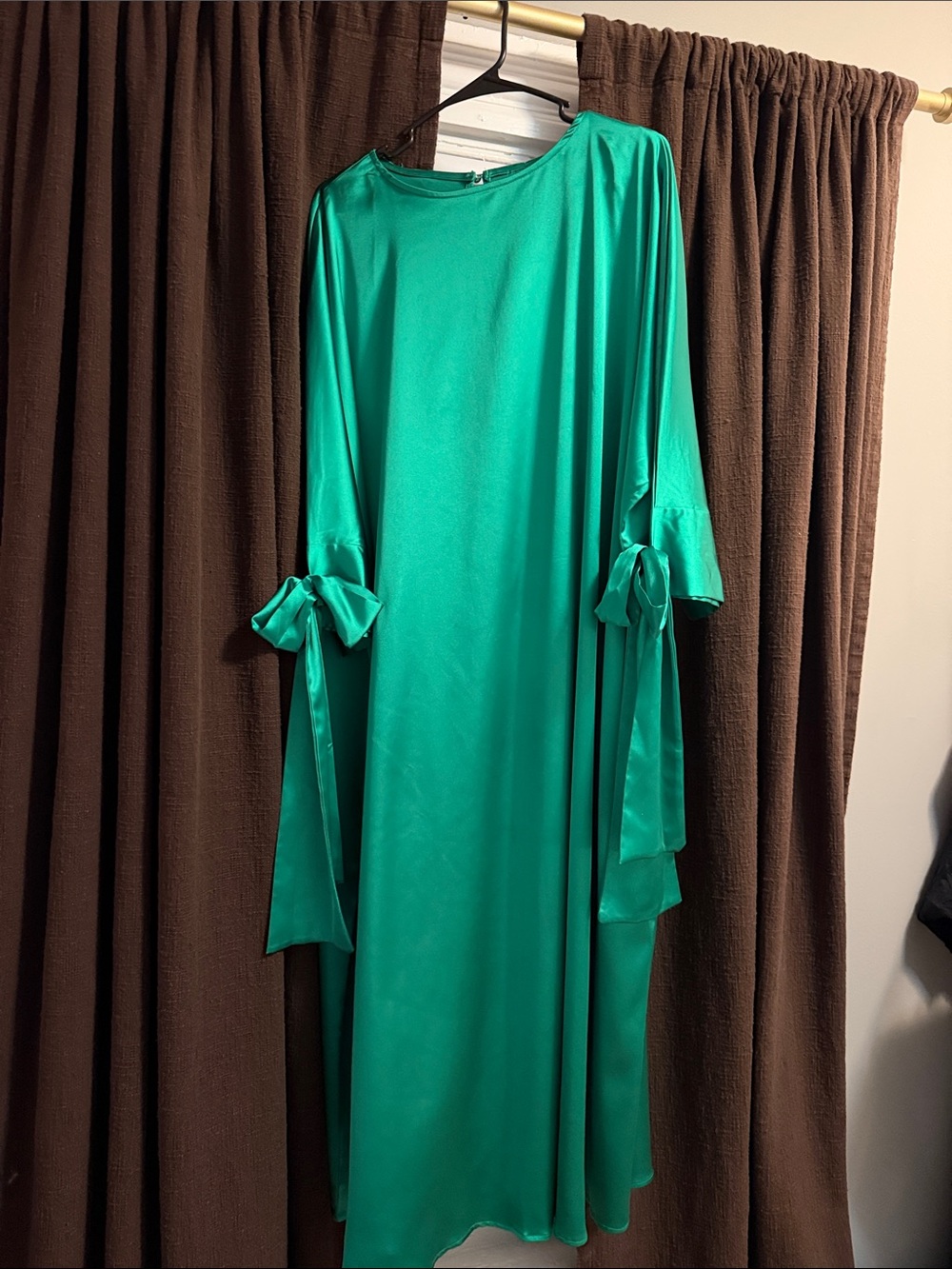 Satin Emerald Green Maxi Dress with Tie-Sleeve Detail